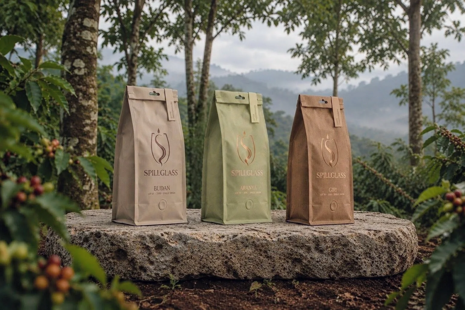 The Budan, Aranya and Giri packs set on a stone slab on the estate in Chikkamagaluru.